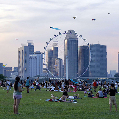 Marina Barrage with the Singapore Flyer and CBD buildings view